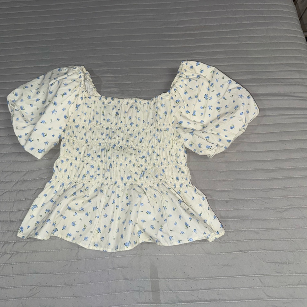 For Love & Lemons White Smocked Peplum Top with Blue Floral Print